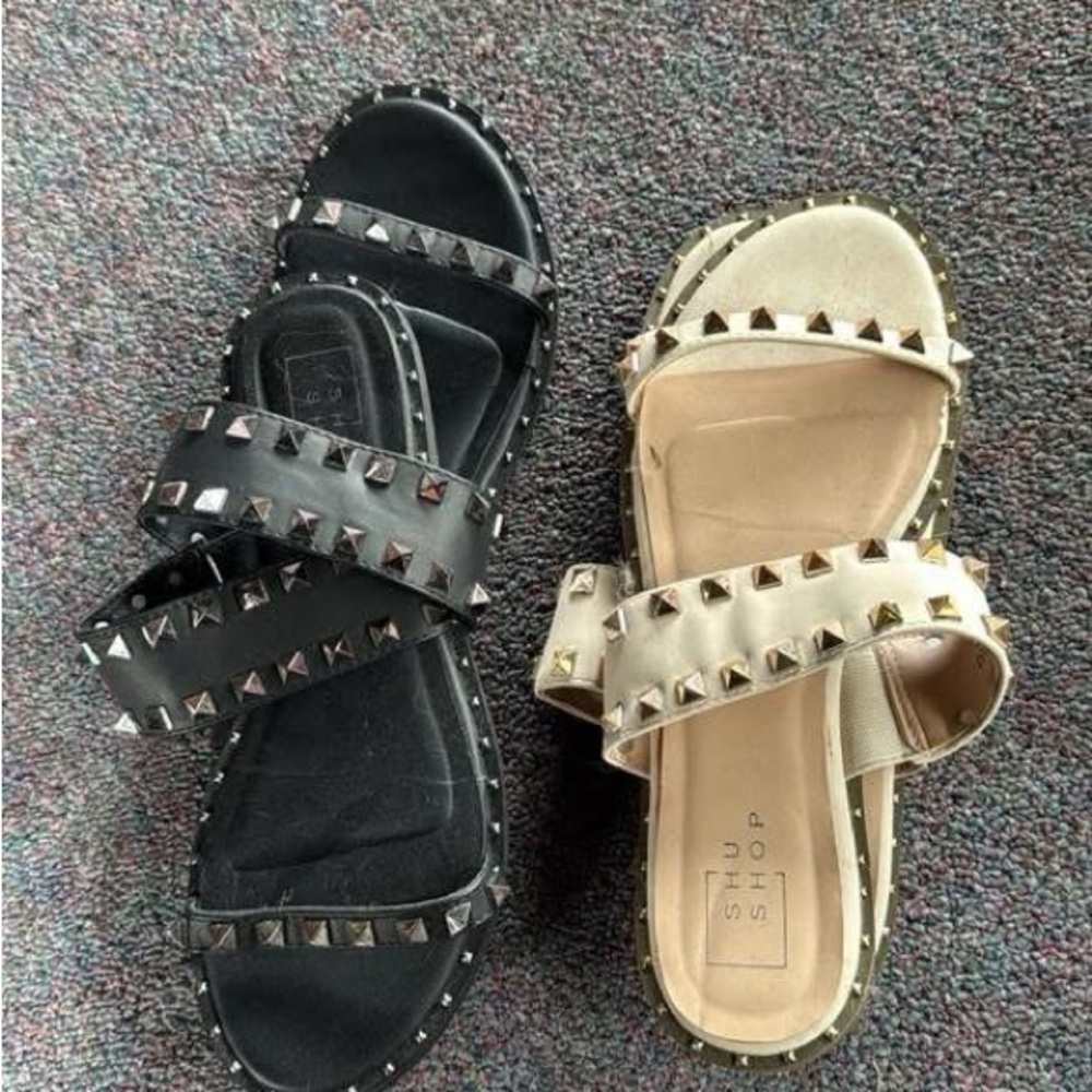 Studded Black and Cream Sandals by ShuShop
